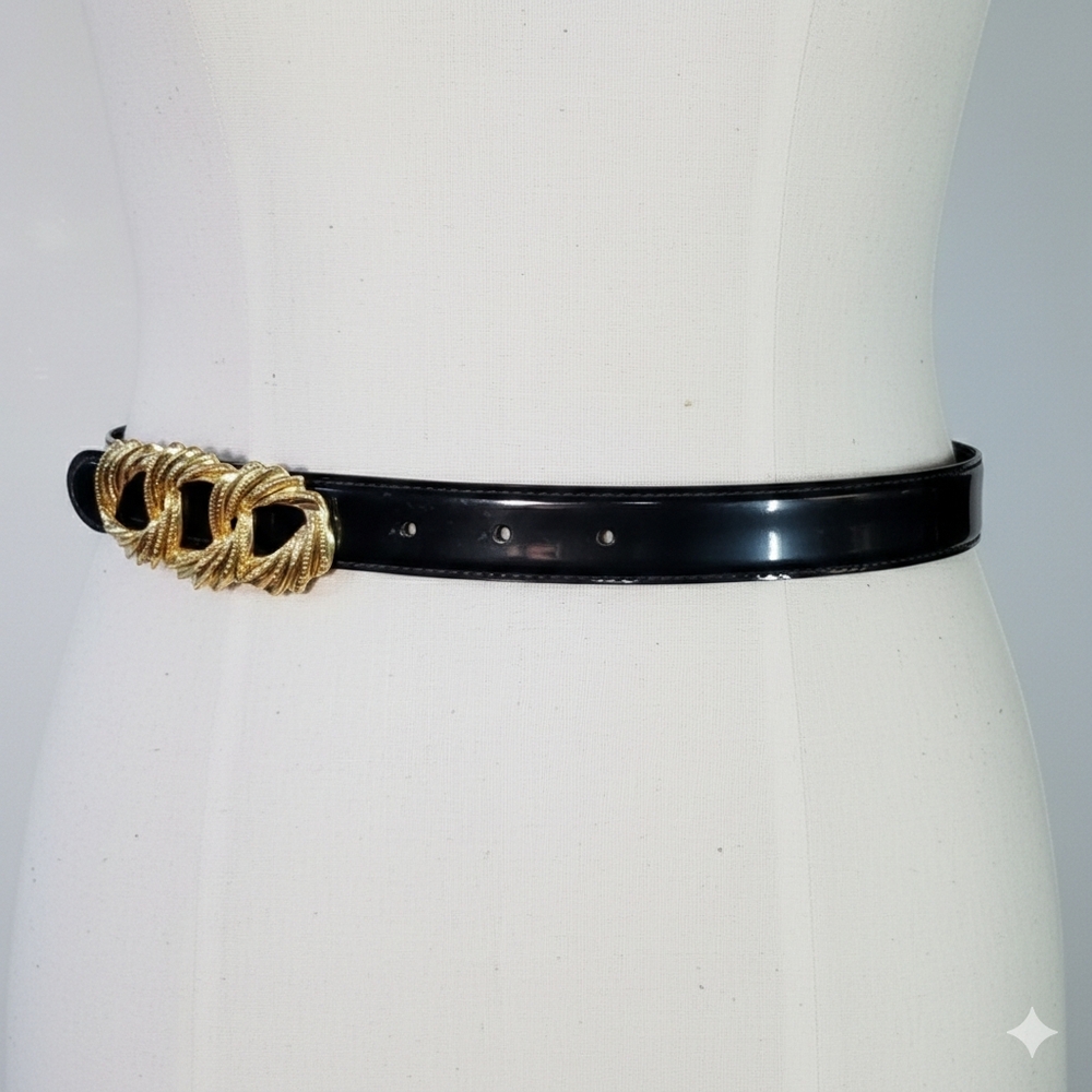 Crown Pacific 30-34" NEW Vintage Patent Leather Black Gold Buckle Triple Ring - Picture 2 of 9